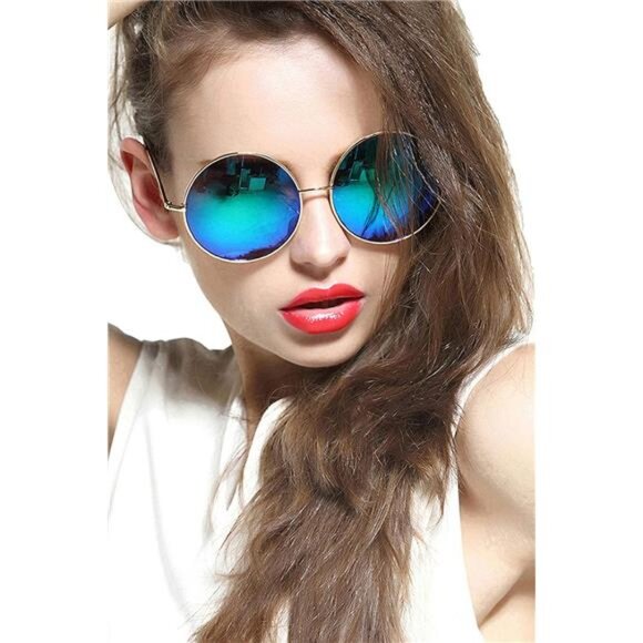 Round Sunglasses Polarized Oversized Circle Metal Frame Mirrored Hipster Women M - Picture 2 of 7